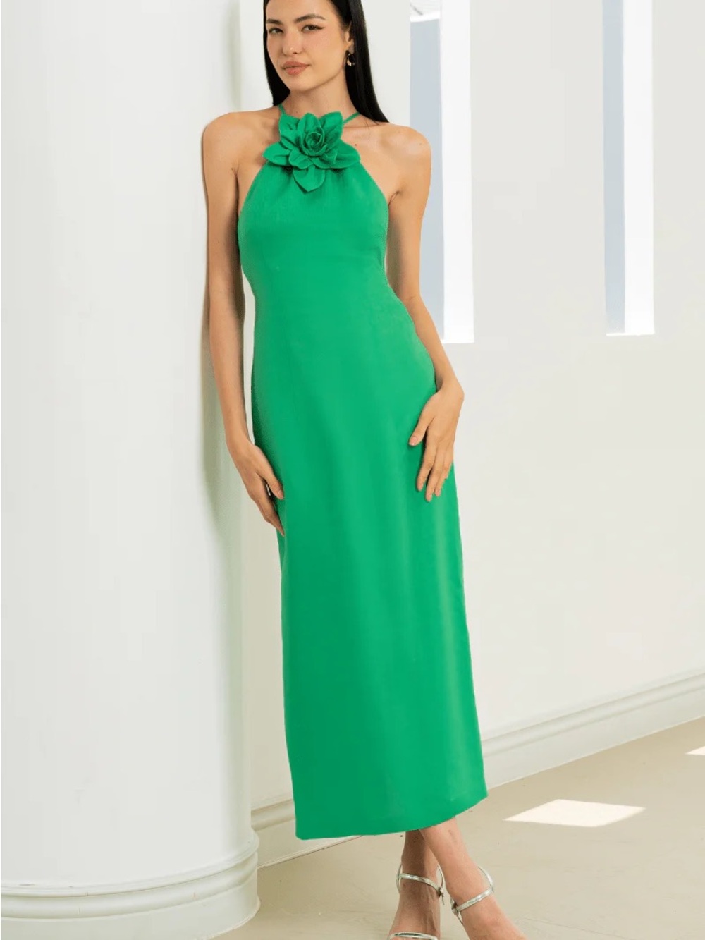 Yumi Kim Emerald Green Halter Midi Dress with Floral Neck